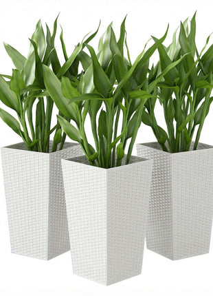 Tall Planters for Outdoor Plants Set of 3, 24 In Taper Planters with Drainage Holes, Rattan Decor Plant Pots, White