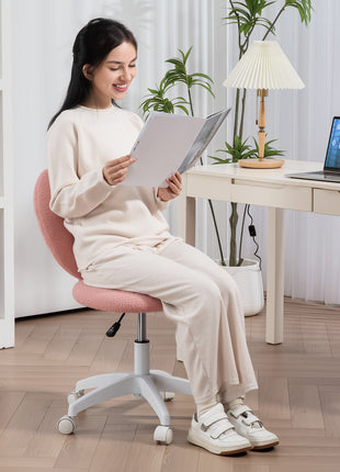 Armless Computer Desk Chair, Office Task Chair, Teddy Fleece Heart Makeup Vanity Chair with Swivel Wheels, Pink