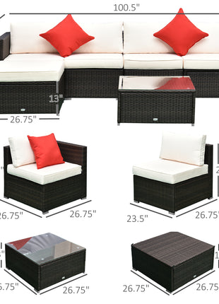6 Piece Patio Furniture Set Outdoor Wicker Conversation Set All Weather PE Rattan Sectional Sofa Set with Ottoman, Cushions and Tempered Glass Table, Mixed Brown and Cream White