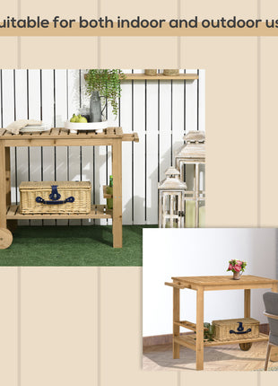 Outdoor Bar Cart, Wood Rolling Home Bar & Serving Cart ，2 Shelves, Wine Bottle Holders for Garden, Dining Room, Natural