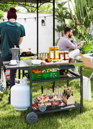 Outdoor Bar Cart Grill Table with Stainless Steel Tabletop, Wheeled Outdoor Serving Cart Prep Table with Storage, Hooks