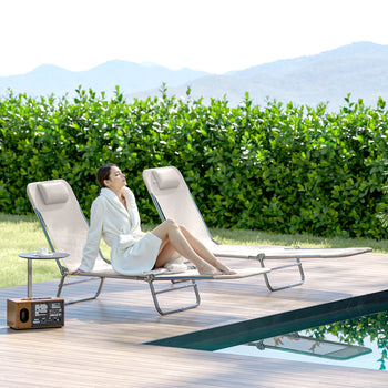 2 Piece Sun Loungers, Folding Chaise Lounge Chairs with Reclining Back, Breathable Mesh Seat, Headrest, Cream White