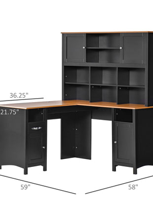 L Shaped Computer Desk with Hutch, 59" Corner Desk, Space Saving Home Office Desk with Storage Shelves, Drawer and Cabinet, Black