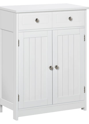 Freestanding Bathroom Floor Cabinet, Wooden Bathroom Cabinet with 2 Doors, 2 Drawers and Adjustable Shelf, White