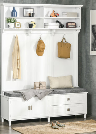 Hall Tree with Storage Bench, Entryway Bench with Coat Rack, Accent Coat Tree with Storage Shelves, Cabinet and Drawers for Hallway, Mudroom, White