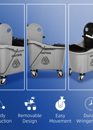 9.5 Gallon (38 Quart) Mop Bucket with Wringer Cleaning Cart, 4 Moving Wheels, Mop-Handle Holder & 2 Separate Buckets, Gray