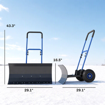 Snow Shovel with Wheels, 29" x 16.5" Metal Snow Pusher with Adjustable Handle, 5-Angle Blade for Driveway, Blue