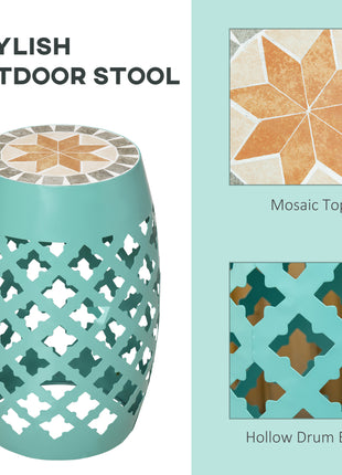 Decorative Outdoor Stool, 12" Round Patio Side Table, Mosaic Accent Plant Stand for Garden, Balcony, Blue