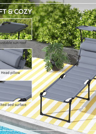 2 Pcs Outdoor Lounge Chair, 4 Position Adjustable Backrest, Folding, Cushioned w/ Sun Shade Roof & Pillow, Gray
