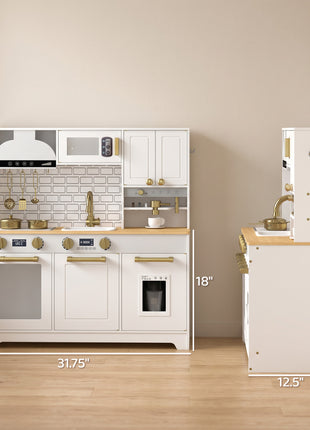 Play Kitchen, Kids Kitchen Playset with Coffee Maker, Ice Maker, Clicking Knobs, Storage, Accessories for 3-8 Years