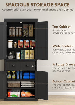 72" Kitchen Pantry Storage Cabinet, Cupboard with 4 Doors and 3 Adjustable Shelves, Large Central Drawer, Black