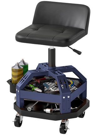 Rolling Creeper Garage Stool, 300 LBS Capacity Mechanic Stool with 360° Wheels, Tool Tray, Adjustable Height, Blue