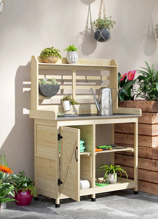 Wooden Potting Bench with Storage, Aluminum Tabletop for Backyard, Patio, Balcony, Natural