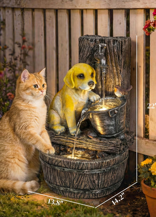 22" Outdoor Fountain with 3-Tier Puppy Theme, Resin Garden Fountain with LED Lights, Adjustable Flow, Rustic Brown