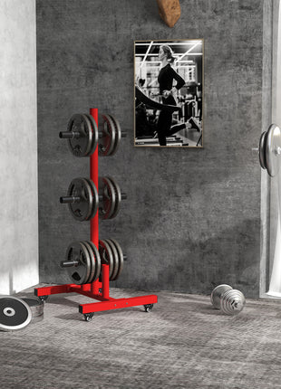 2 Inch Weight Plate Rack, Plate Rack Holder for Olympic Weight Plates and Bars, with 4 Transport Wheels and 6 Fasten Clamps, 440 lbs. Capacity, Red