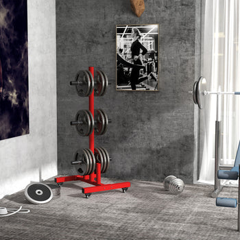 2 Inch Weight Plate Rack, Plate Rack Holder for Olympic Weight Plates and Bars, with 4 Transport Wheels and 6 Fasten Clamps, 440 lbs. Capacity, Red