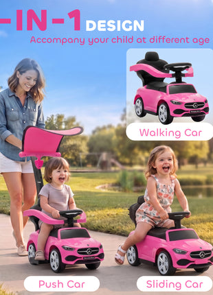 4 in 1 Toddler Push Car Licensed Benz with Push Handle, Guardrails, Canopy, Horn, Music, Storage for 18-36 Months, Pink