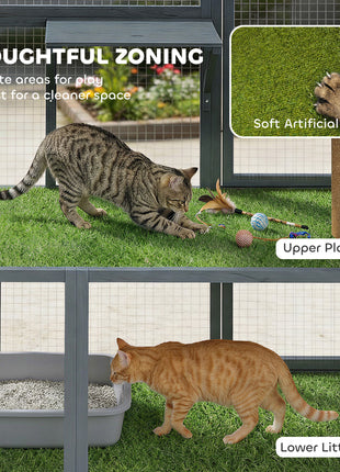 Catio Outdoor Cat Enclosure, 77" H Wooden Cat House with Weatherproof Roof, Platforms and Scratching Post