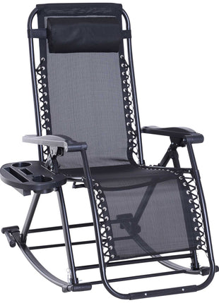 Outdoor Rocking Chairs, Foldable Reclining Zero Gravity Lounge Rocker with Pillow, Cup & Phone Holder, Combo Design with Folding Legs, Black