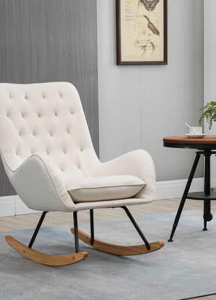 Mid-Century Fabric Rocking Chair Sofa Armchair Tufted Rocker Wingback Accent Chair with Padded Seat, Rubber Wood Base for Home Studio, Bedroom, Living Room, Cream White