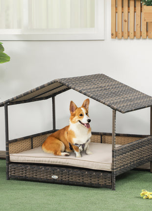Wicker Dog House with Removable Cushion Lounge, Khaki