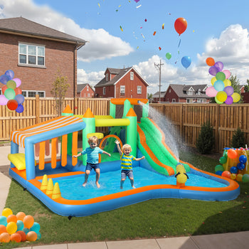 8 in 1 Inflatable Bounce House Water Slide with 550W High Power Blower, for 3-8 Years
