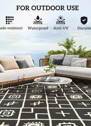 Reversible Outdoor Rug, Waterproof Plastic Straw with Carry Bag, 9' x 12', Black & Beige Rhombus