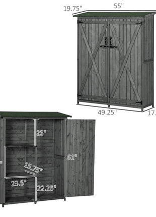 Outdoor Storage Cabinet Wooden Garden Shed Utility Tool Organizer with Waterproof Asphalt Rood, Lockable Doors, 3 Tier Shelves for Lawn, Backyard, Gray