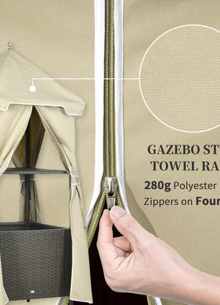 Outdoor Towel Valet Caddy,Covered Poolside Towel Holder Rack,Shelf,Rolling PE Rattan Wicker Storage on Wheels,Beige