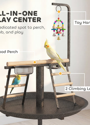 Bird Stand with Wheels Parrot Play Stand with Round Tray Stainless Steel Feed Bowls Indoor Outdoor Dark Gray