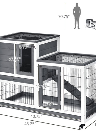 Wooden Rabbit Hutch Elevated Bunny Cage Indoor Small Animal Habitat with Enclosed Run with Wheels, Ramp, Removable Tray for Rabbits, Chickens, Ducks, Guinea Pigs, Gray
