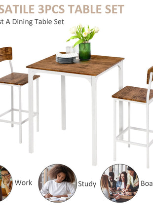 3 Piece Industrial Counter Height Dining Table Set, Bar Table & Chairs with Steel Legs & Footrests, White