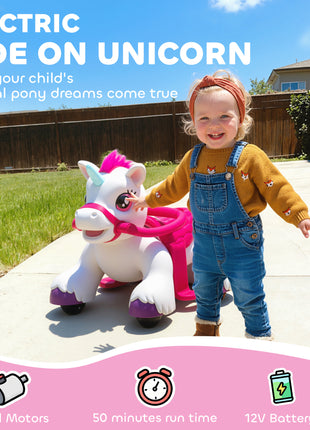 12V Unicorn Ride on Horse with Carrot Toy, Comb, Animal Sounds, for Girls Boys Aged 1.5-3 Years Old