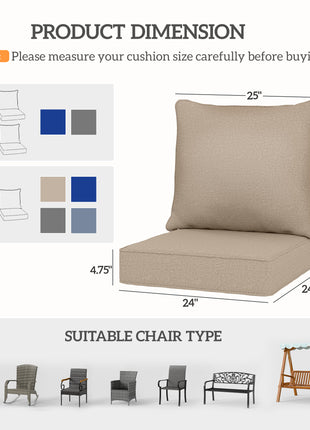 Patio Chair Cushions Set of 2 with Seat & Backrest, Fade Resistant Seat Replacement Cushion Set, Beige