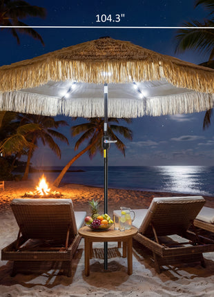 9 ft Hula Thatched Tiki Patio Umbrella with LED Solar Light, Outdoor Umbrella with Crank, Tilt, UPF30+, Khaki