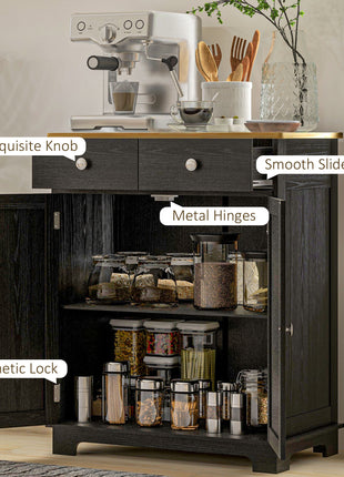 Kitchen Storage Cabinet, Sideboard Floor Cupboard with Solid Wood Top, Adjustable Shelf, and 2 Drawers, Distressed Black