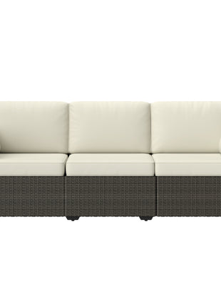 Patio Couch PE Wicker Deep Seating Outdoor Sofa with Removable Cushions, 3 Seater Rattan Sofa, Outdoor Furniture for Balcony, Deck, Garden and Poolside, Cream White