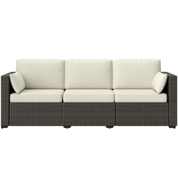 Patio Couch PE Wicker Deep Seating Outdoor Sofa with Removable Cushions, 3 Seater Rattan Sofa, Outdoor Furniture for Balcony, Deck, Garden and Poolside, Cream White