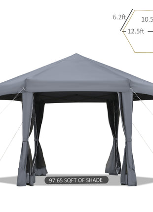 13' x 11' Hexagonal Pop Up Gazebo, Heavy Duty Outdoor Canopy Tent with 6 Mesh Sidewall Netting, 3-Level Adjustable Height and Strong Steel Frame, Gray