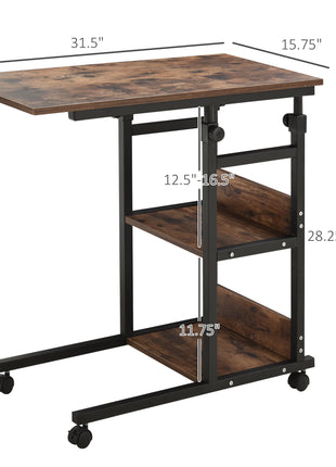 Industrial C-Shaped Mobile Rolling Sofa Side Table with 3-Tier Storage Shelving, Adjustable Height, & Wheels