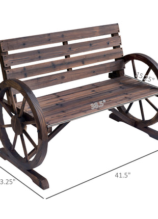 41" Wooden Wagon Wheel Bench, Rustic Outdoor Patio Bench Weather Resistance Furniture, 2-Person Slatted Seat with Backrest, Carbonized