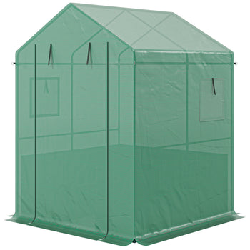 Greenhouse with Raised Garden Bed, Galvanized Steel Outdoor Greenhouse with Roll Up Door, 56" x 56" x 75", Dark Gray