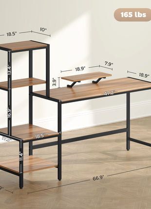 Computer Desk, 67" CPU Desk with Monitor Stand, Reversible 4-Tier Shelf, Industrial Writing Desk for Study Room, Brown