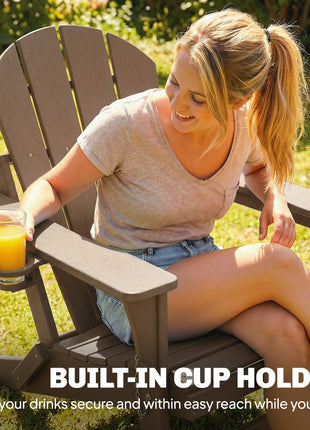 Folding Adirondack Chair Set of 2, HDPE Fire Pit Chair with Retractable Ottoman and Cup Holder, Brown