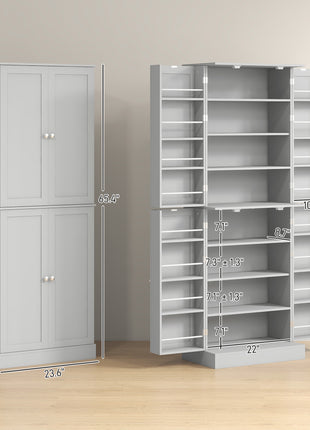 65" Kitchen Cabinet, Kitchen Pantry Cabinet with 4 Doors and 16 Door Shelves for Dining Room, Gray