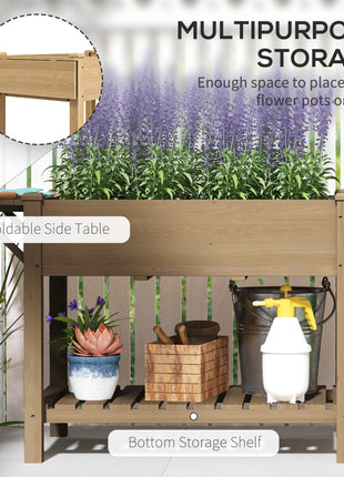 Wood Raised Garden Box, Elevated Garden Bed with Side Table, Bottom Shelf, Bed Liners and Drainage Holes, Carbonized