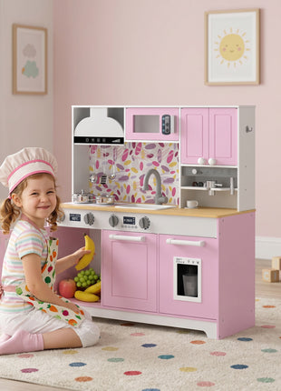 Play Kitchen, Kids Kitchen Playset with Coffee Maker, Ice Maker, Clicking Knobs, Storage, Accessories for 3-8 Years