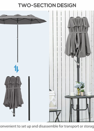 Double Sided Patio Umbrella, 9.7' Large Outdoor Market Umbrella with Push Button Tilt and Crank, 3 Air Vents and 12 Ribs, for Garden, Deck, Pool, Gray