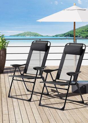 Folding Patio Dining Chairs Set of 2, Outdoor Deck Chair with Adjustable Sling Back, Camping Chair with Removable Headrest for Garden, Backyard, Lawn, Black