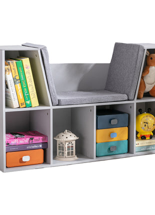 6-Cubby Kids Bookcase with Reading Nook and Cushion, Multi-Purpose Storage Organizer for Bedroom, Living Room, Grey
